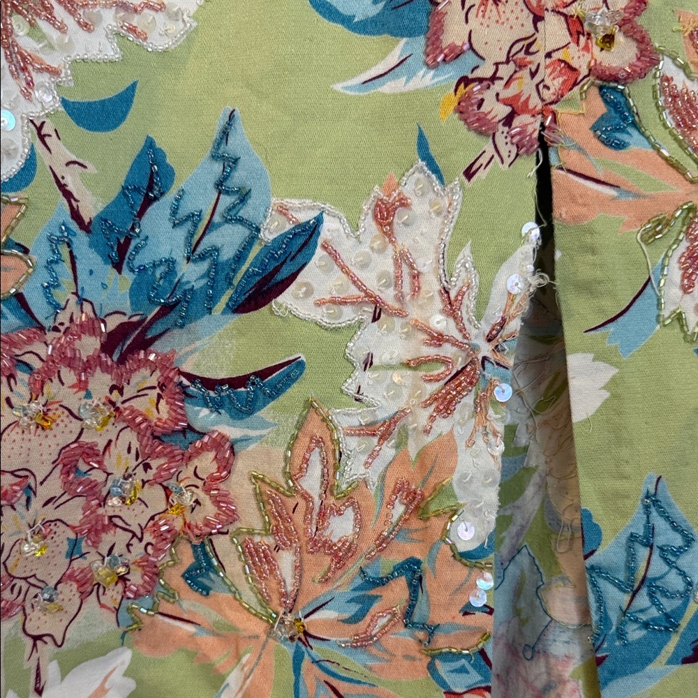 90s Vintage Floral Print Pencil Skirt in Green by Dolce Apparel, w/beadwork - Picture 8 of 9
